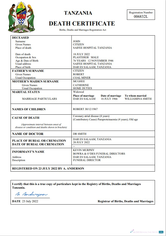 Download Tanzania vital record death certificate Word and PDF template Photoshop template